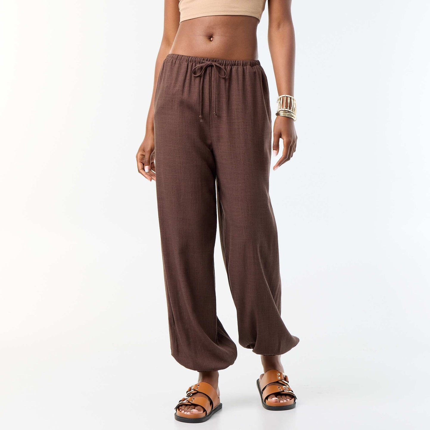 Solid Color Balloon Fit Trousers with 2 Pockets BROWN