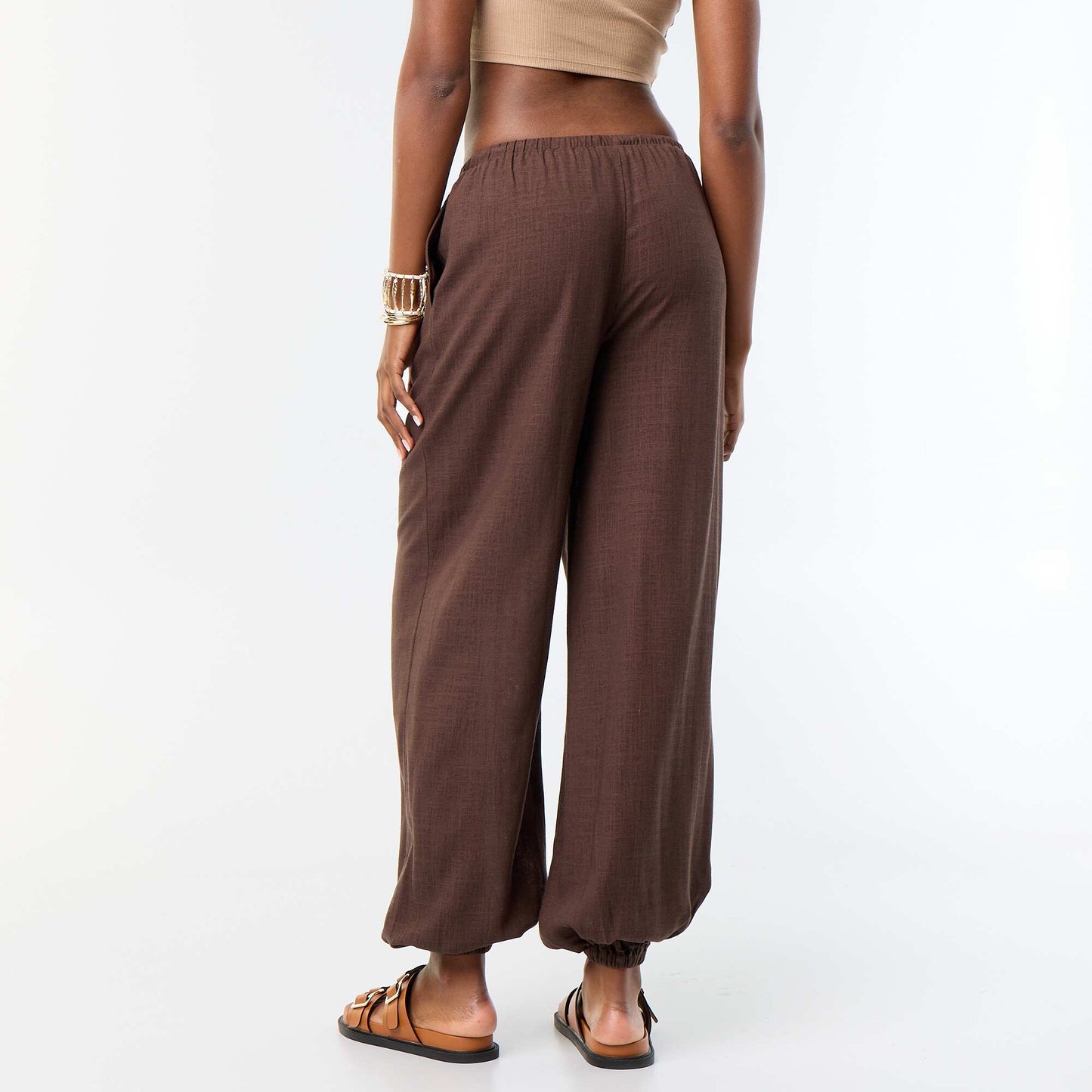 Solid Color Balloon Fit Trousers with 2 Pockets BROWN