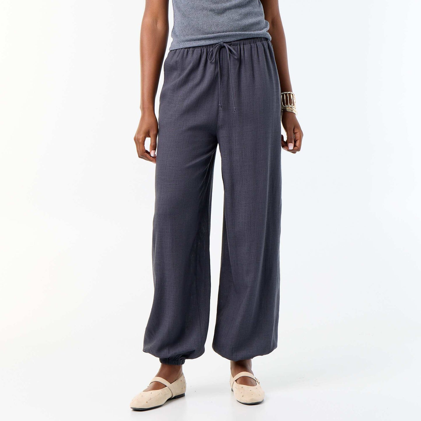 Solid Color Balloon Fit Trousers with 2 Pockets GREY