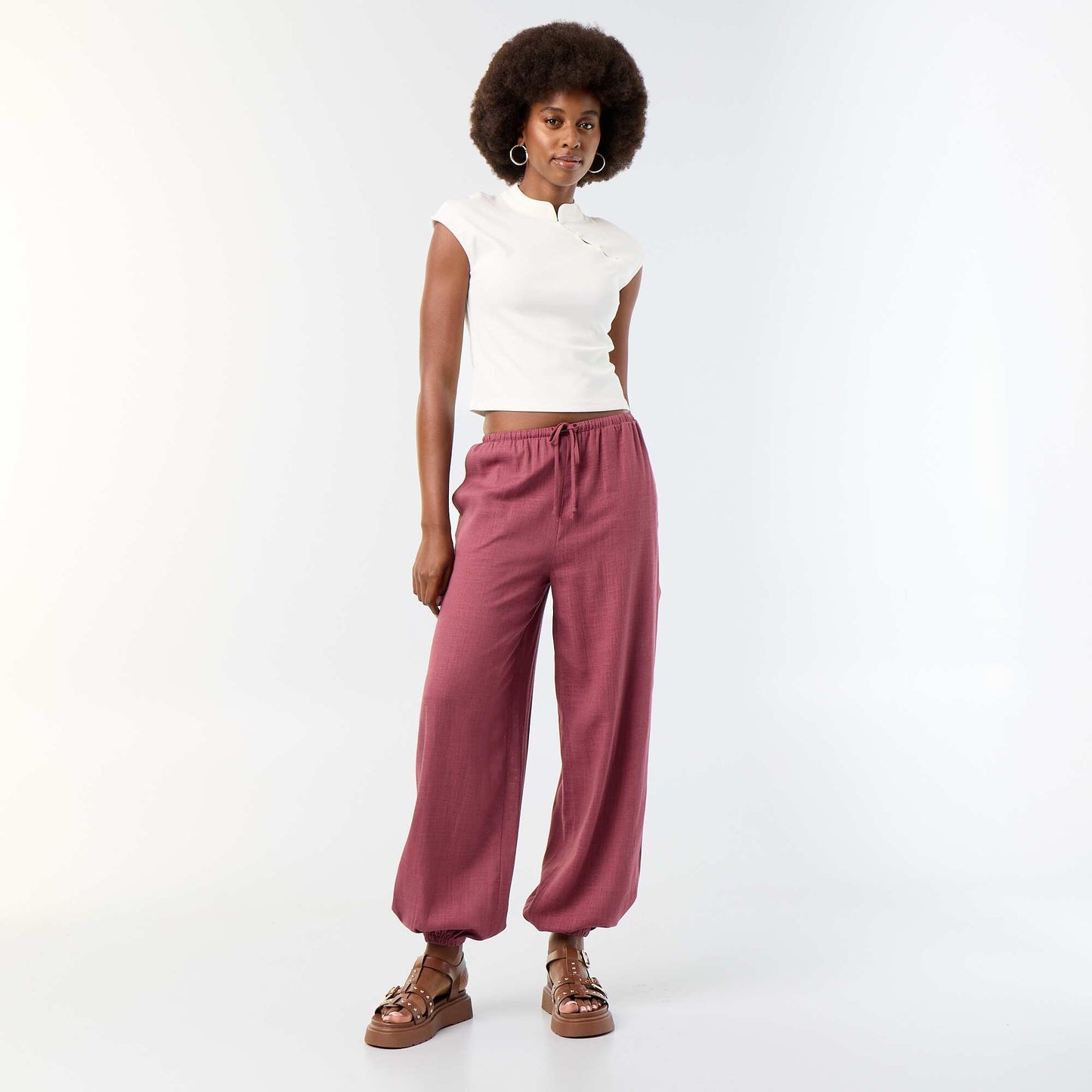 Solid Color Balloon Fit Trousers with 2 Pockets PINK