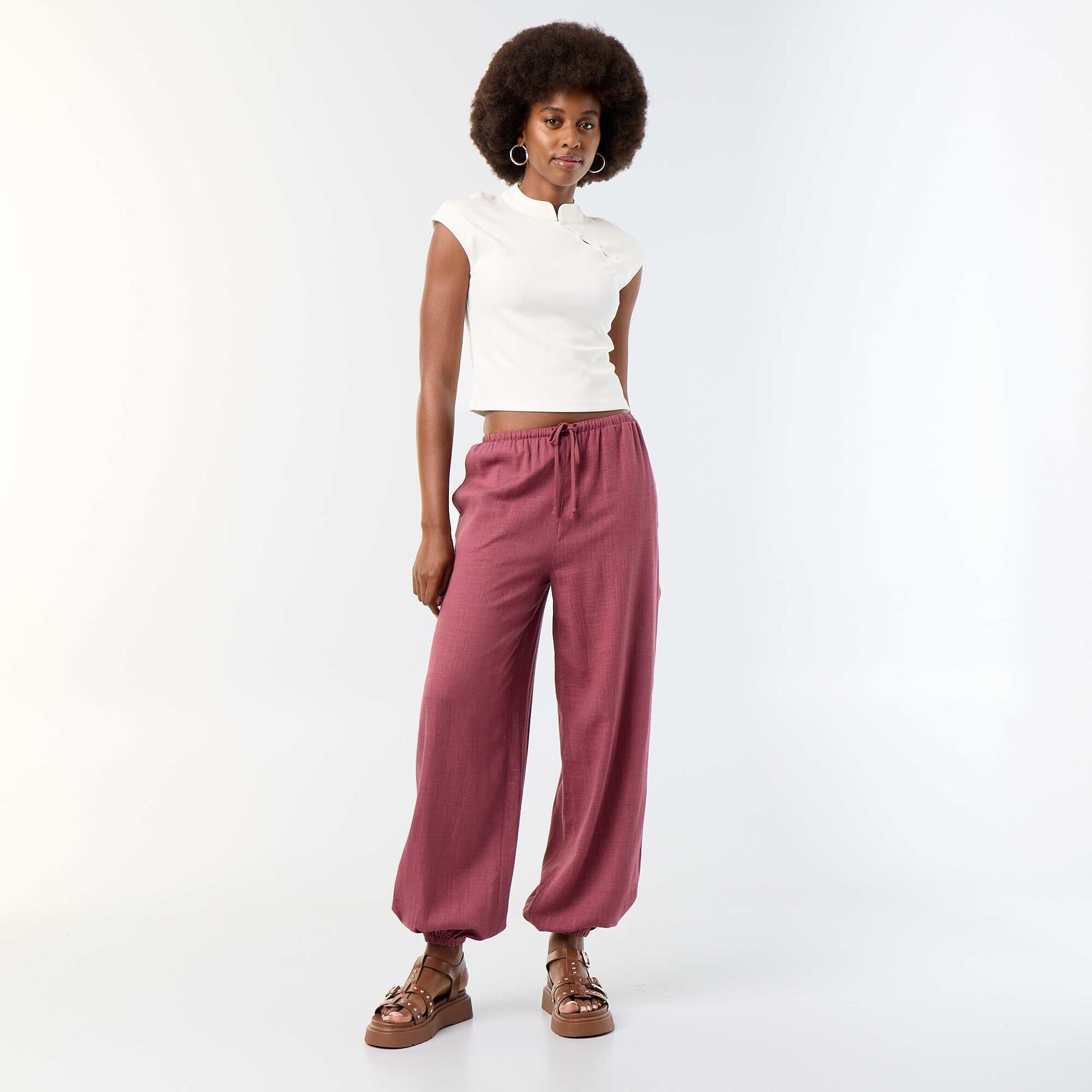 Solid Color Balloon Fit Trousers with 2 Pockets PINK