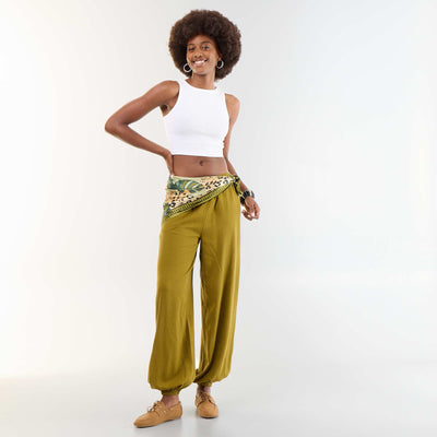 Solid Color Balloon Fit Trousers with 2 Pockets GREEN
