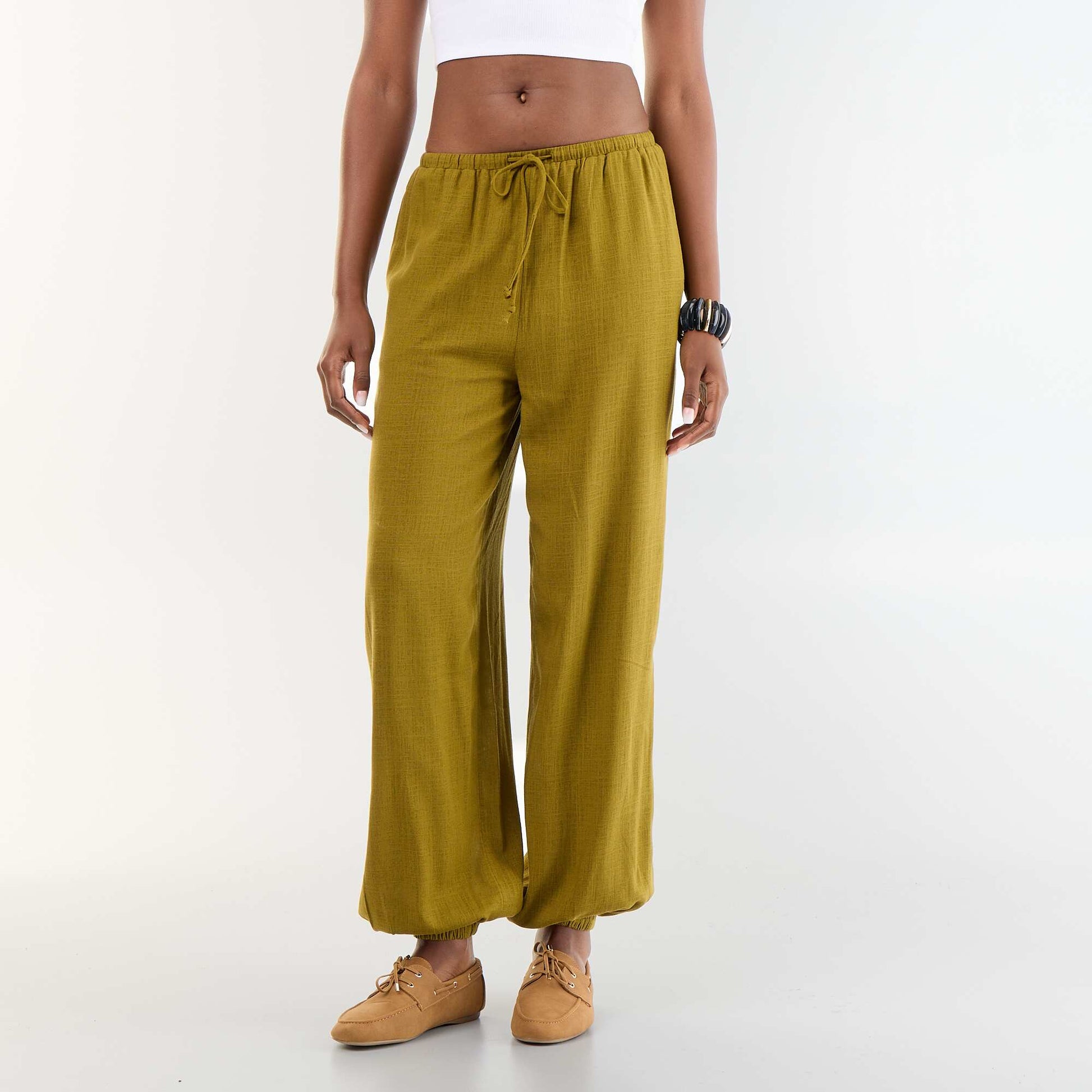 Solid Color Balloon Fit Trousers with 2 Pockets GREEN