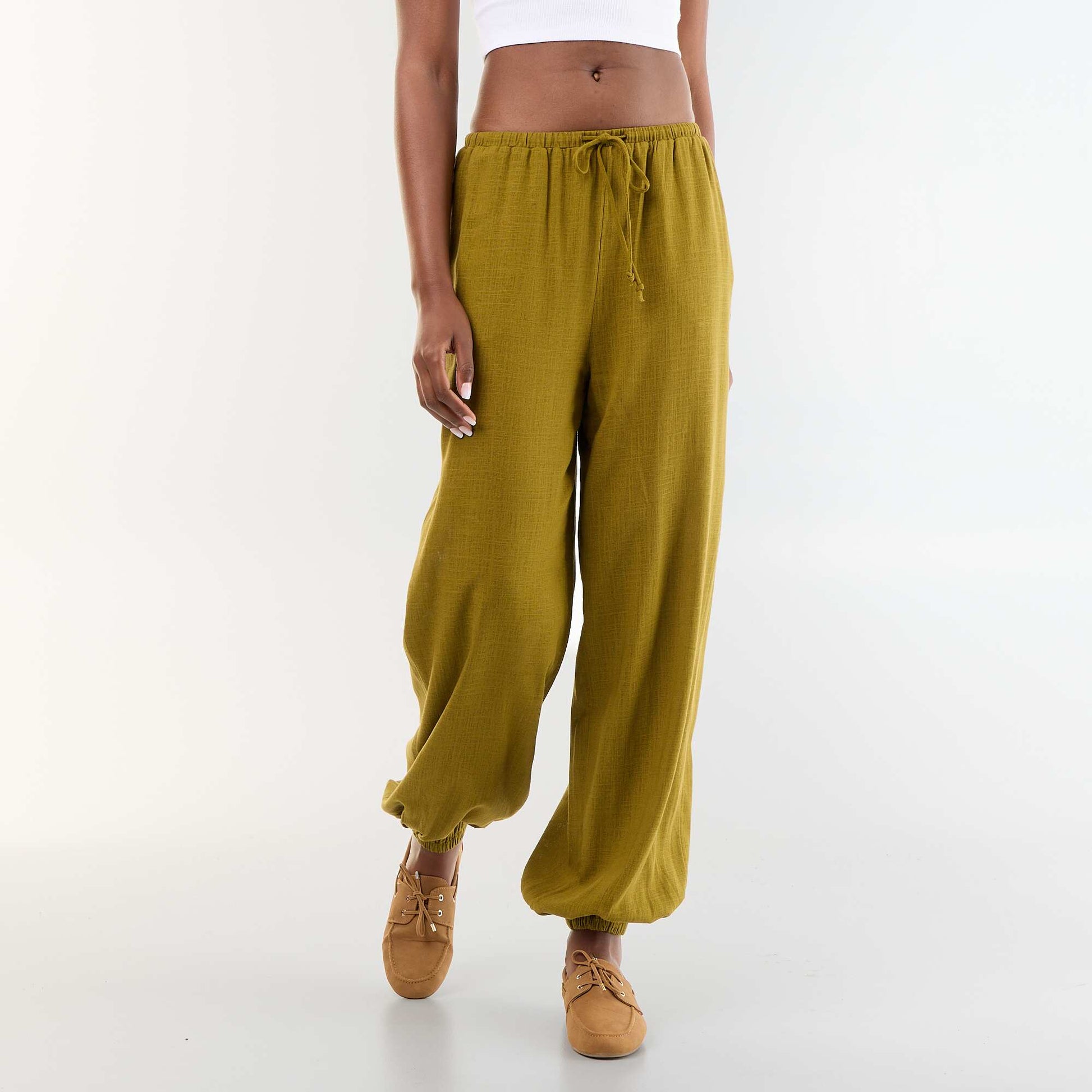Solid Color Balloon Fit Trousers with 2 Pockets GREEN