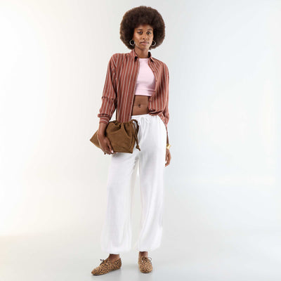 Solid Color Balloon Fit Trousers with 2 Pockets WHITE