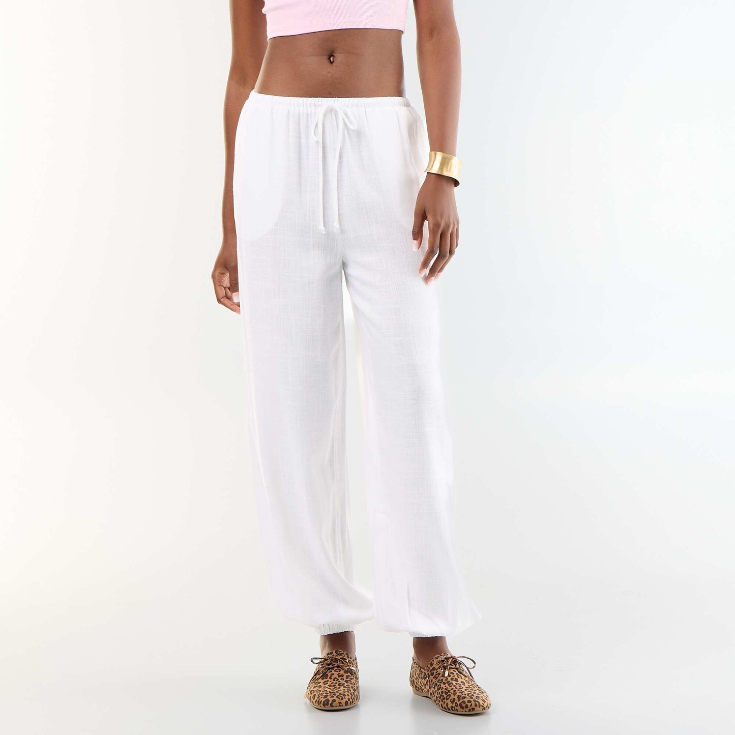 Solid Color Balloon Fit Trousers with 2 Pockets WHITE