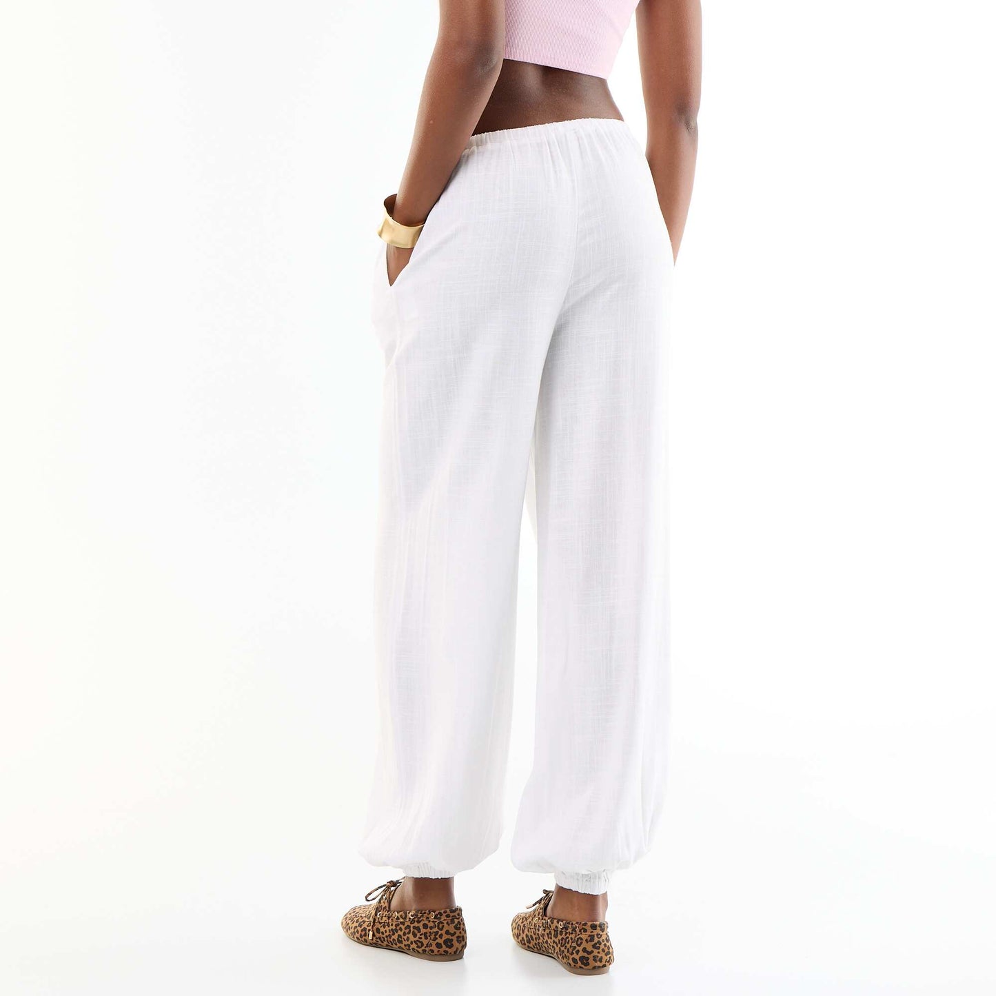 Solid Color Balloon Fit Trousers with 2 Pockets WHITE