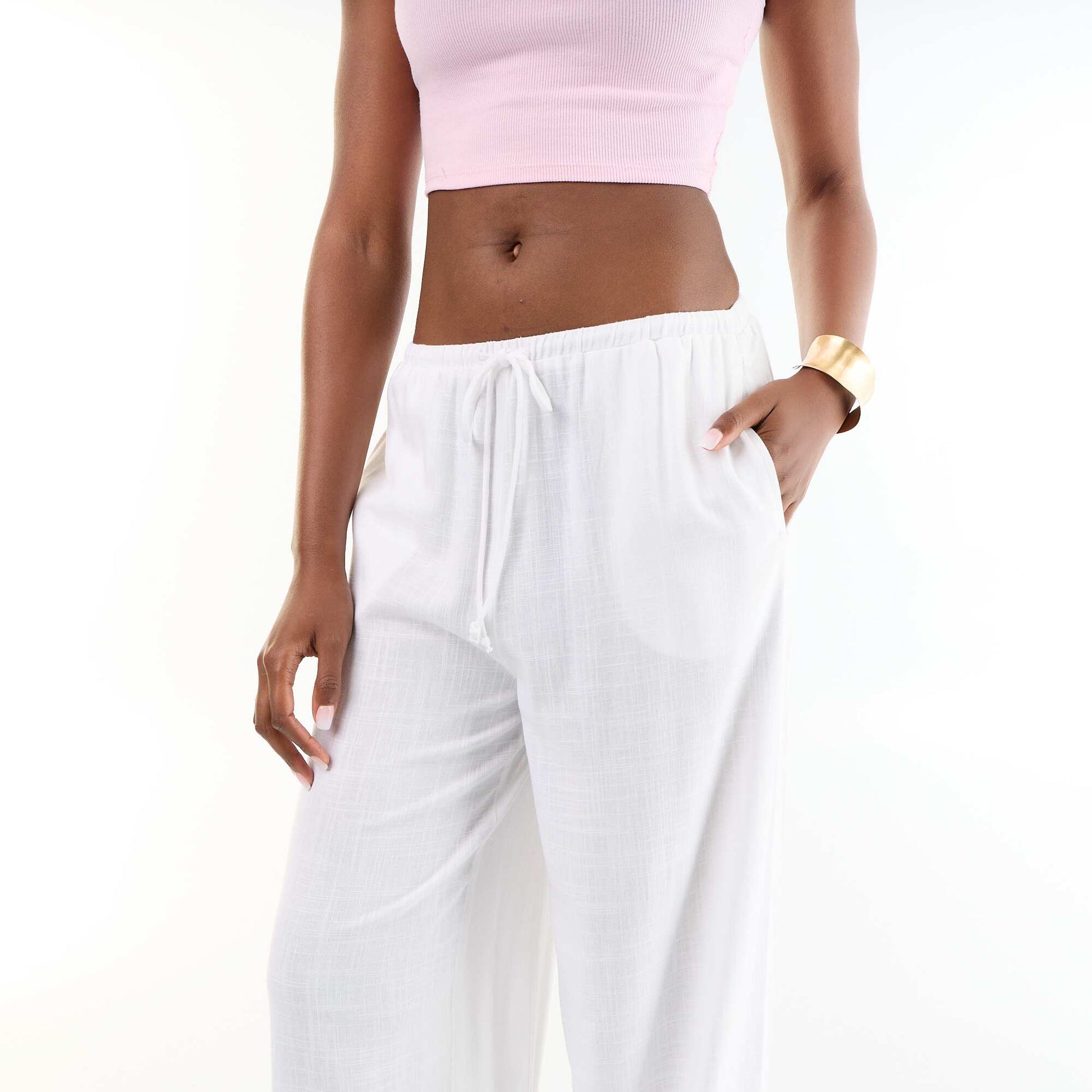 Solid Color Balloon Fit Trousers with 2 Pockets WHITE