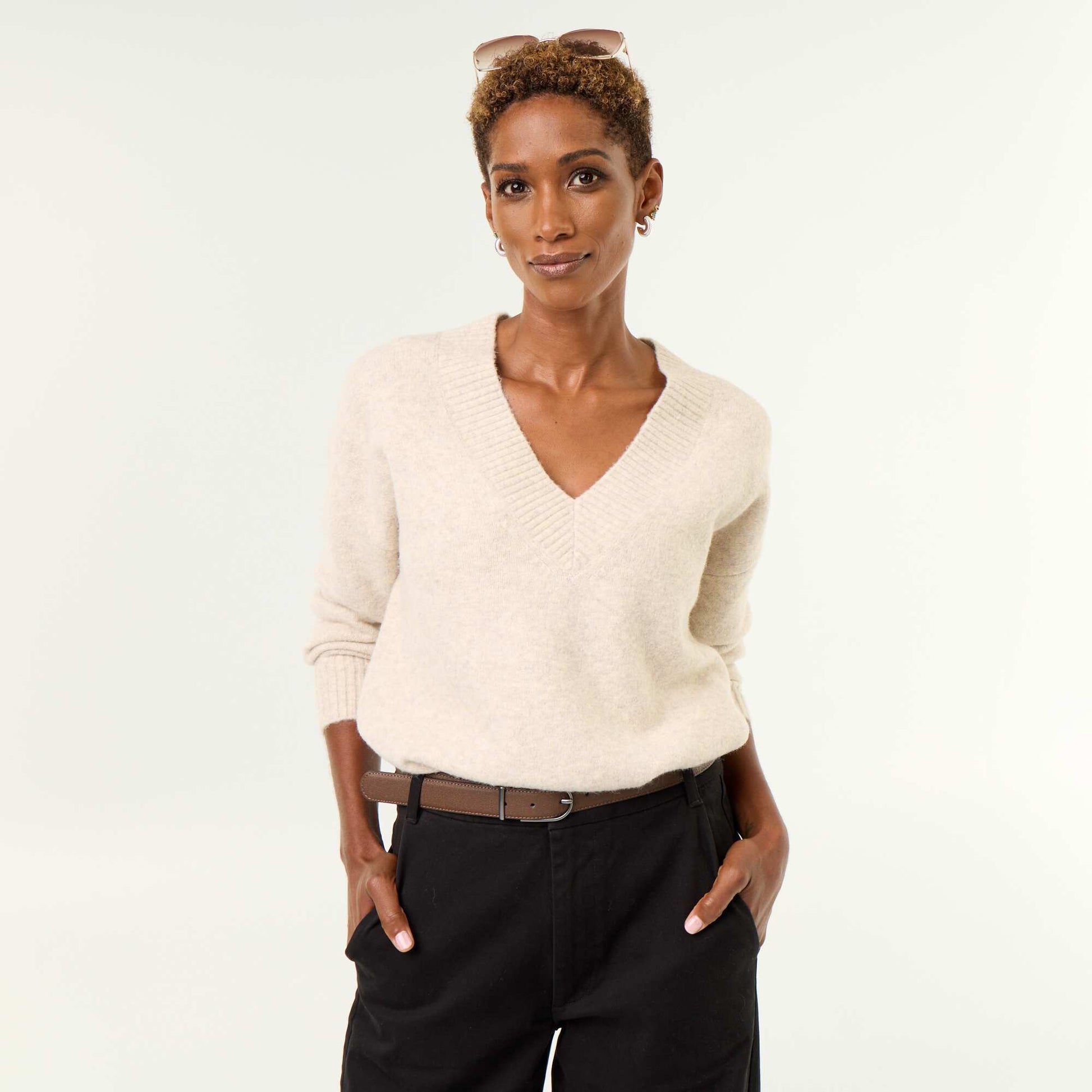 Large Ribbed V-Neck Sweater BEIGE