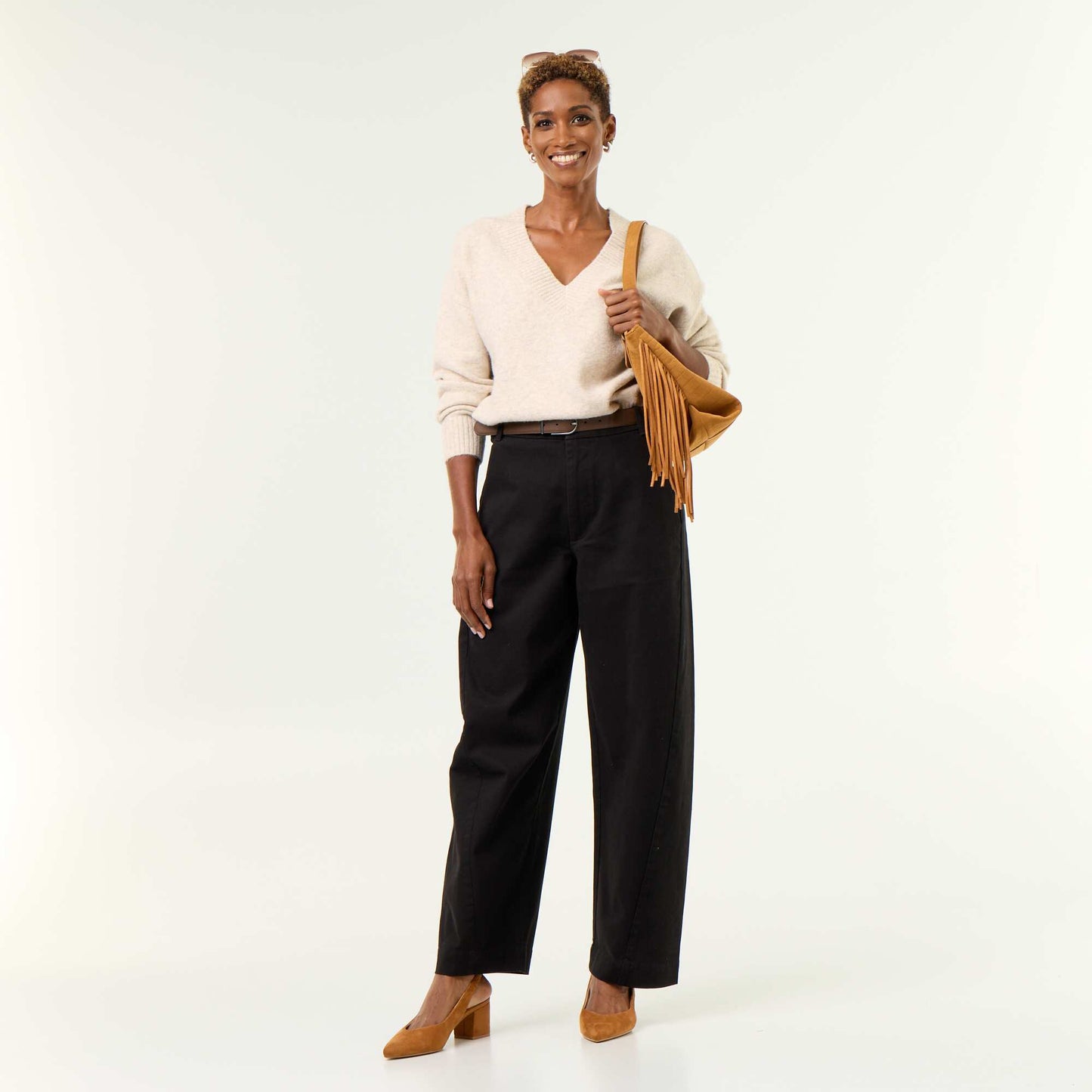 Large Ribbed V-Neck Sweater BEIGE