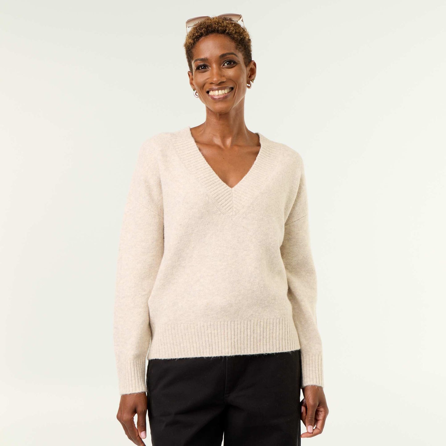 Large Ribbed V-Neck Sweater BEIGE