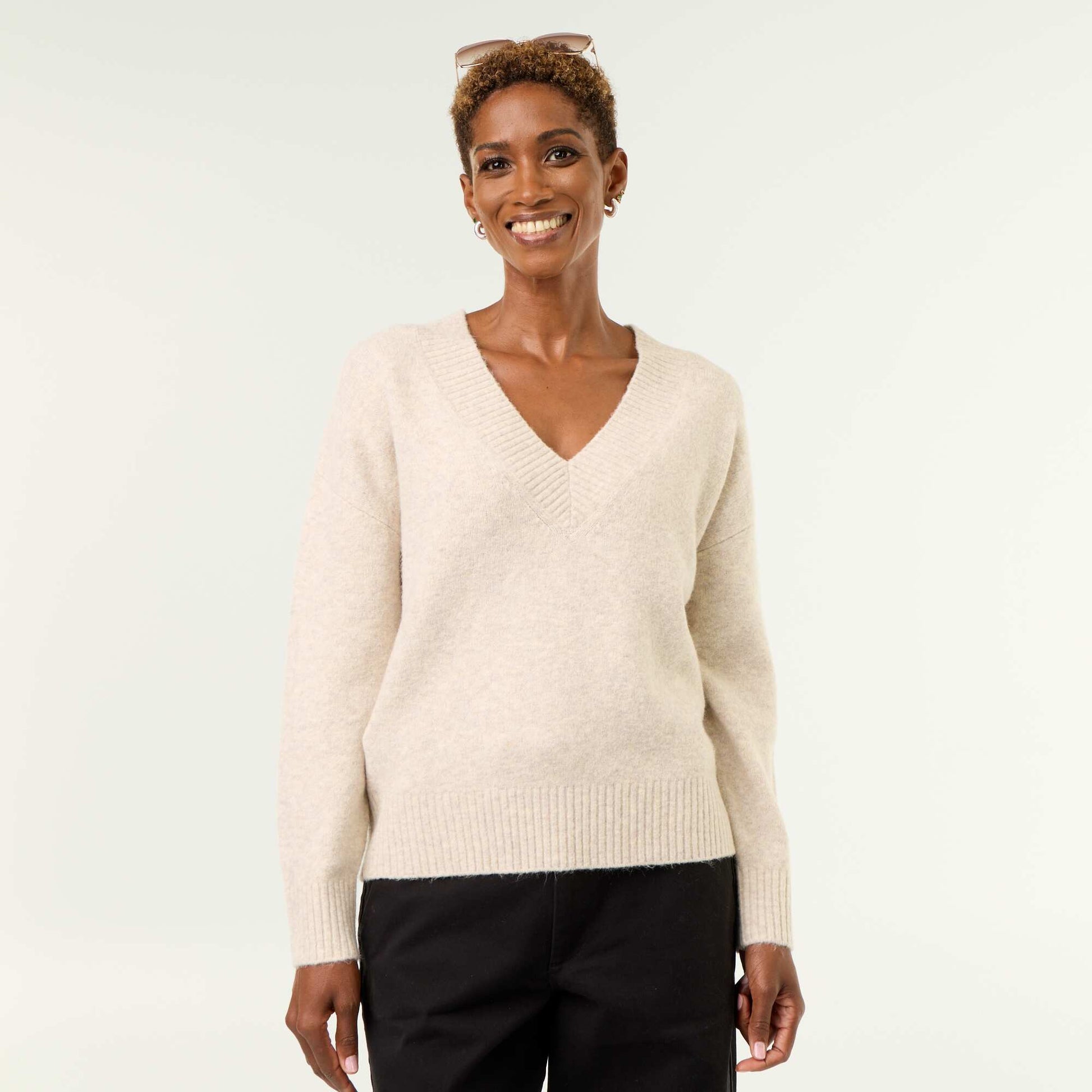 Large Ribbed V-Neck Sweater BEIGE