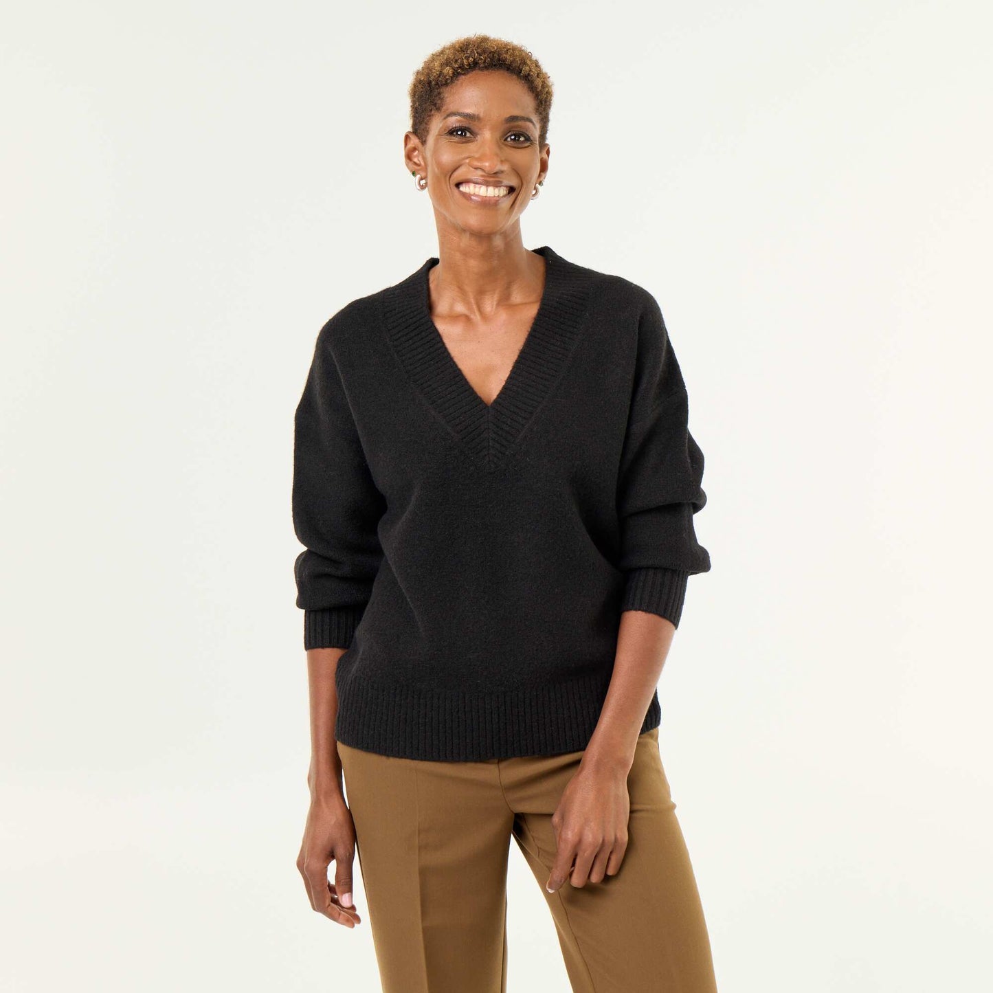 Large Ribbed V-Neck Sweater BLACK