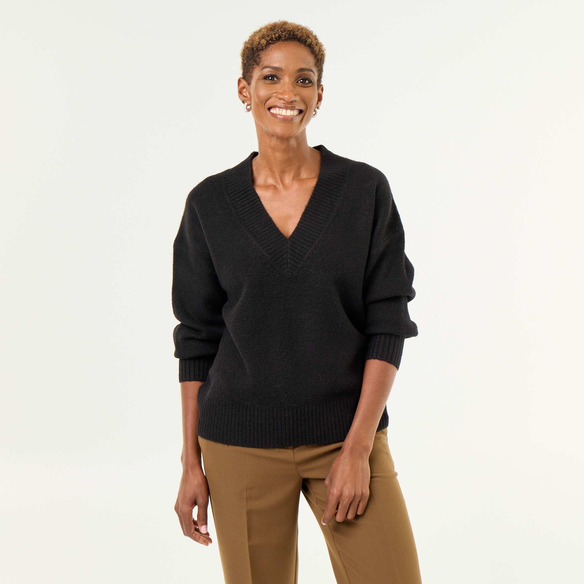 Large Ribbed V-Neck Sweater BLACK