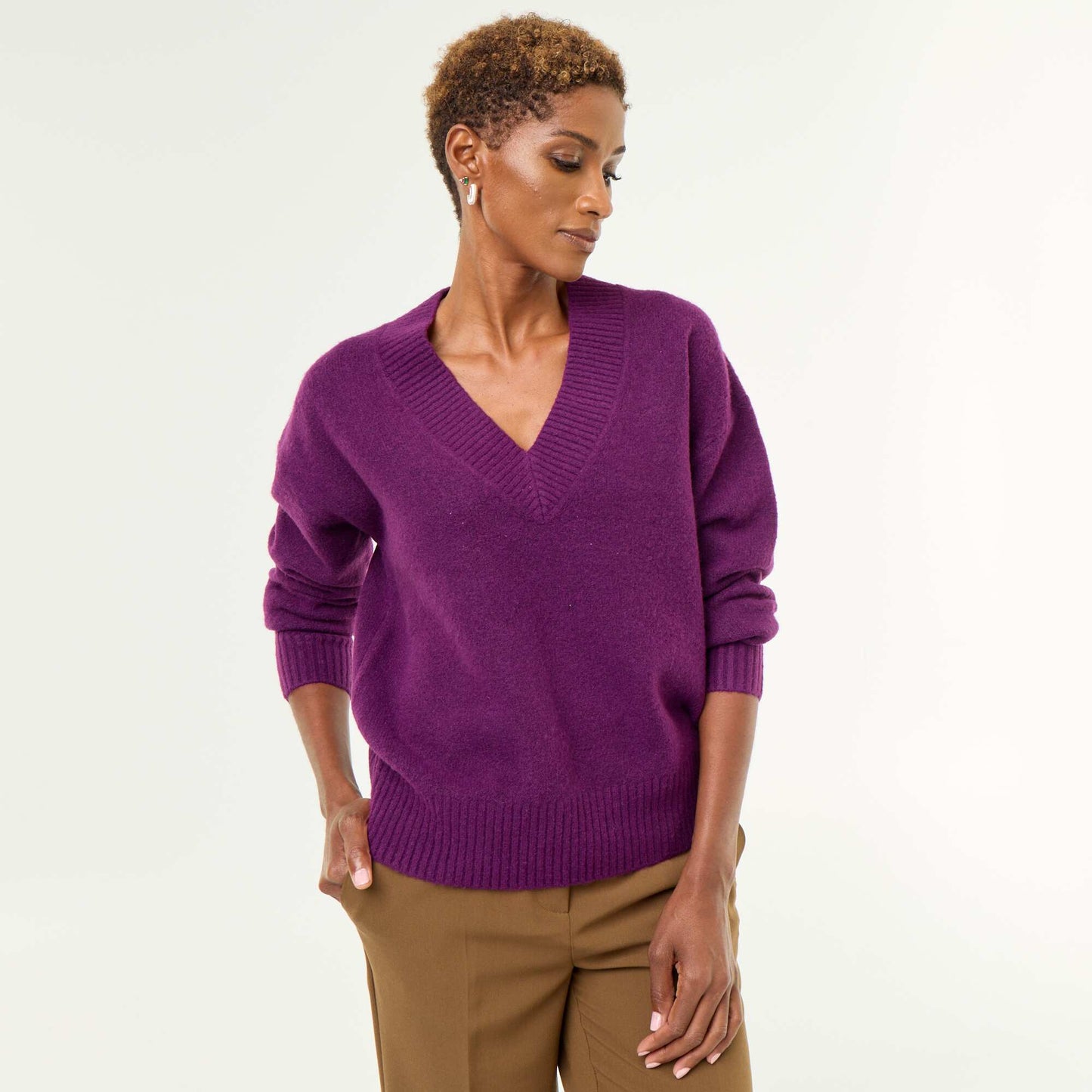 Large Ribbed V-Neck Sweater PURPLE