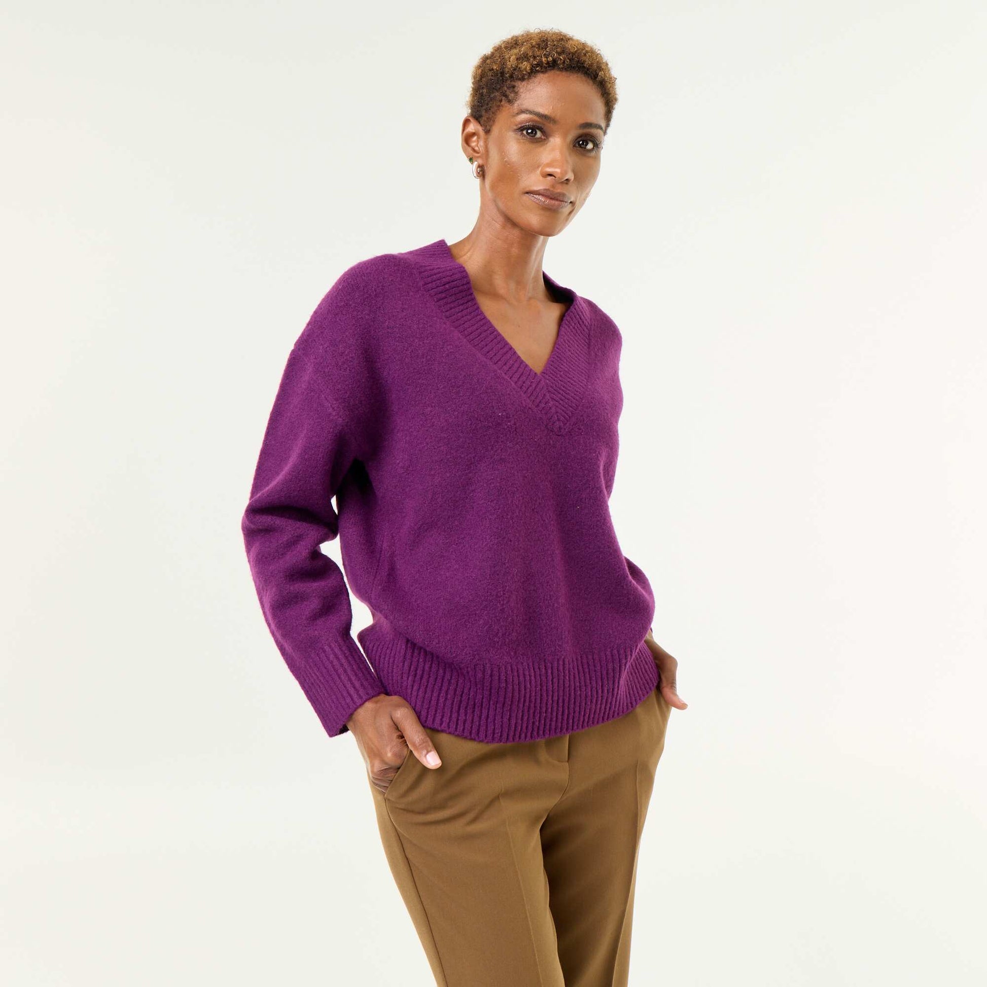 Large Ribbed V-Neck Sweater PURPLE