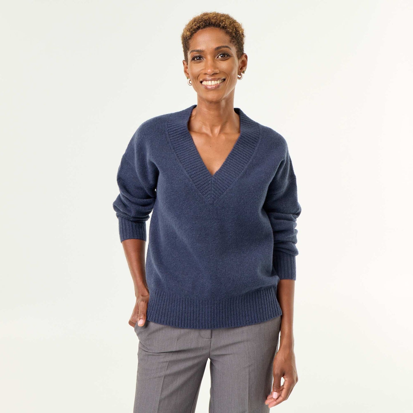 Large Ribbed V-Neck Sweater BLUE