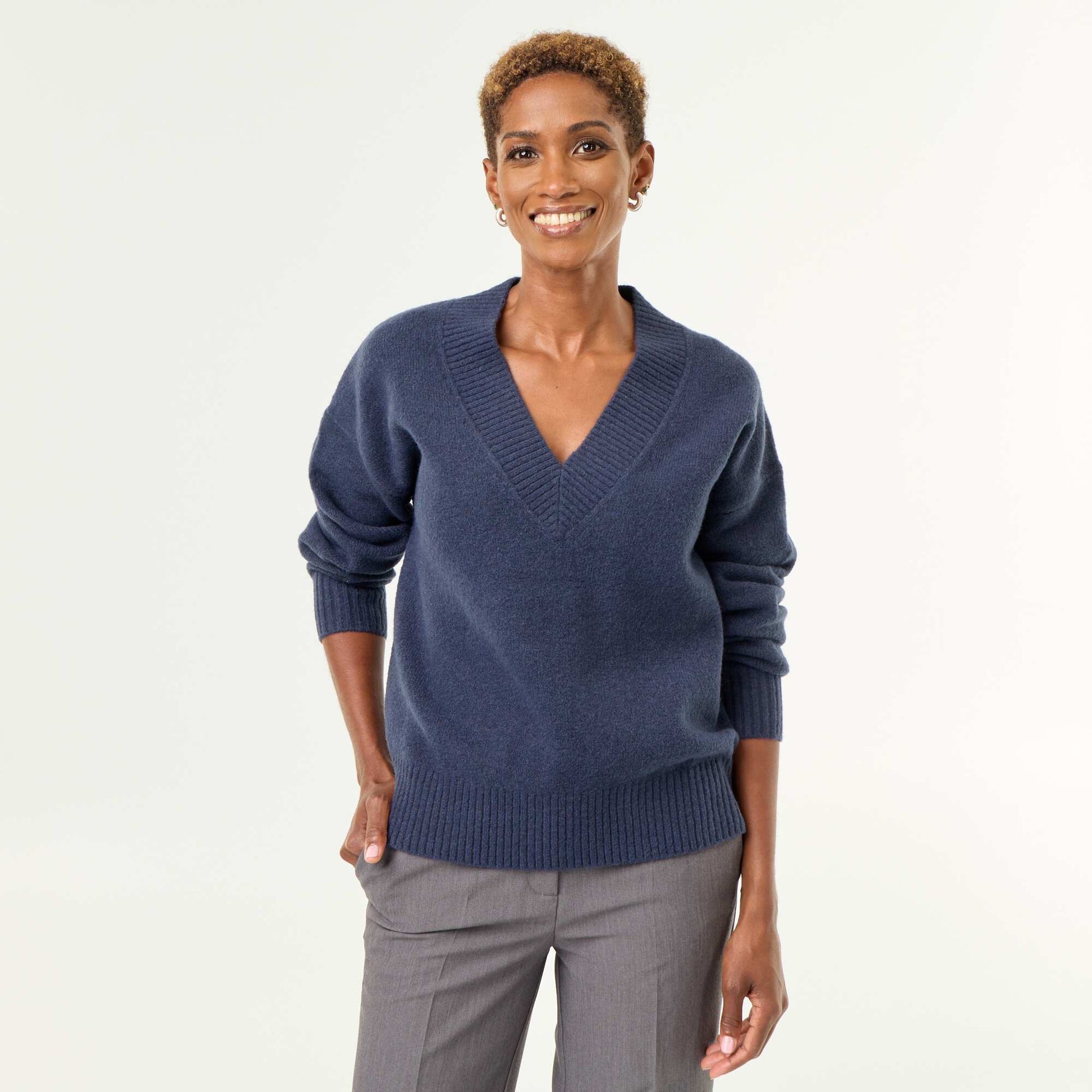 Large Ribbed V-Neck Sweater BLUE