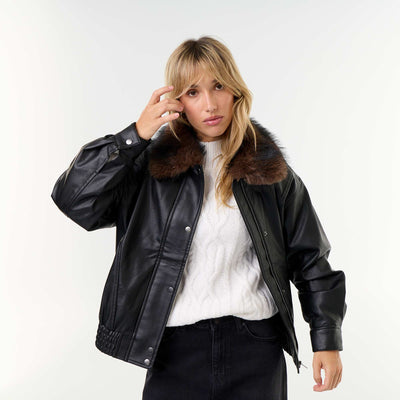 Oversized Faux Leather Jacket with Removable Fur Collar BLACK