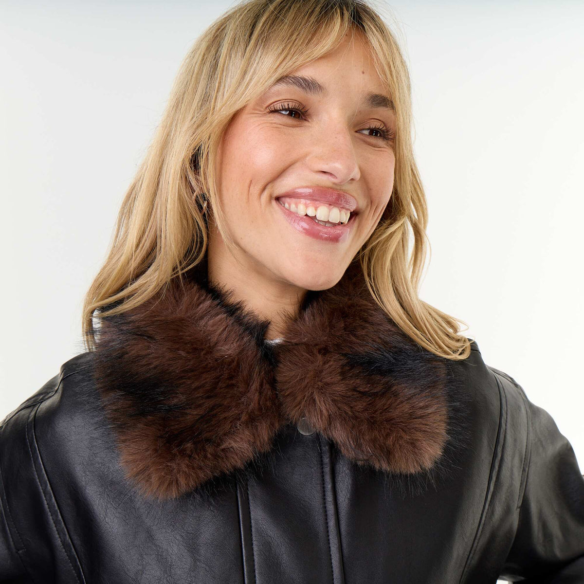 Oversized Faux Leather Jacket with Removable Fur Collar BLACK