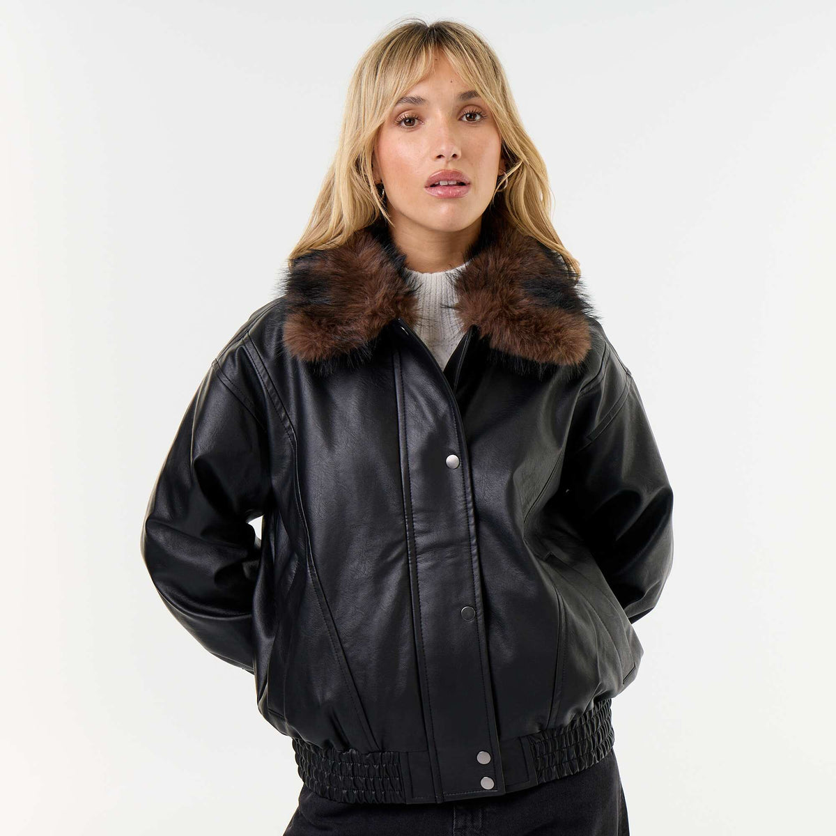 Oversized Faux Leather Jacket with Removable Fur Collar BLACK
