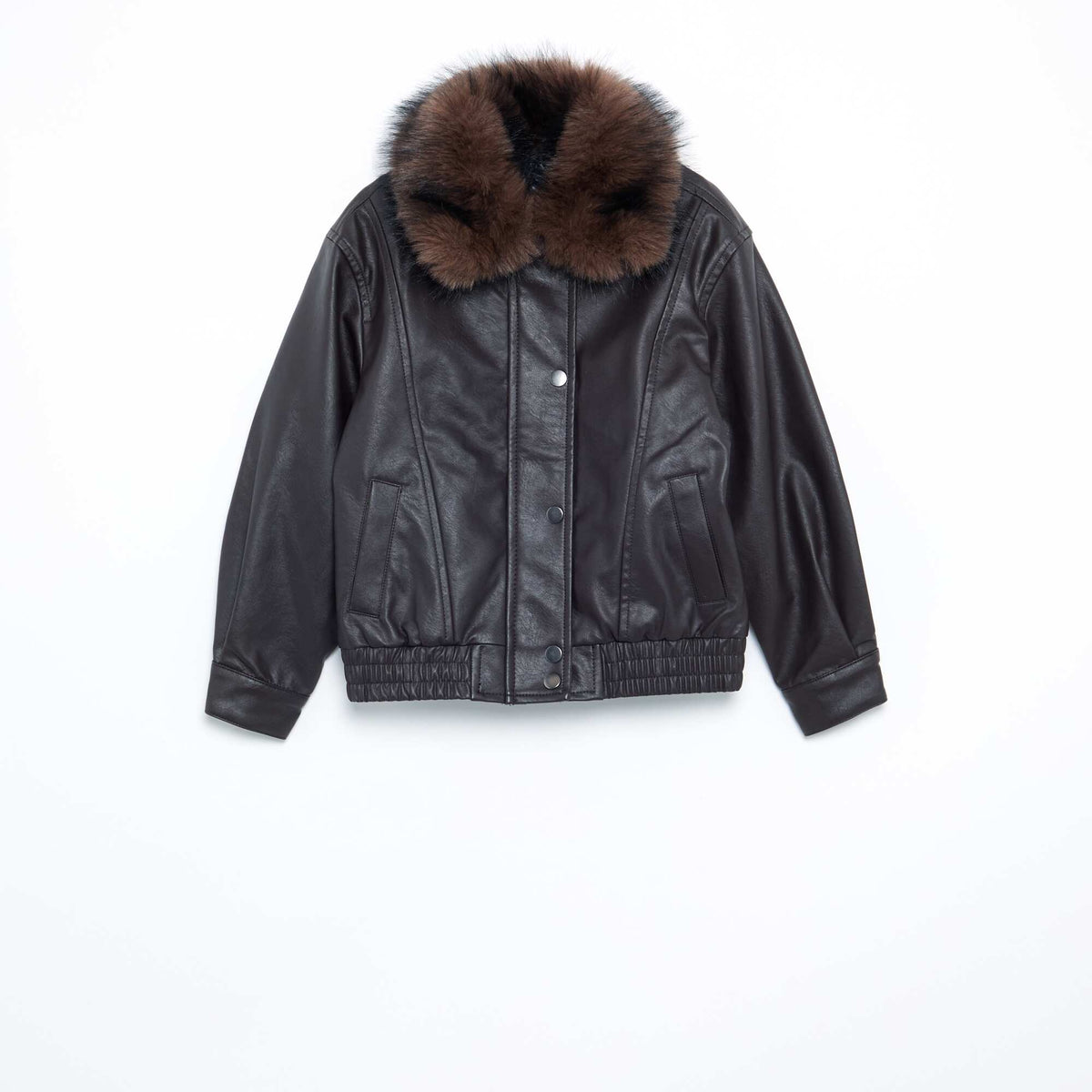 Faux Leather Bomber Jacket with Detachable Faux Fur Collar BROWN