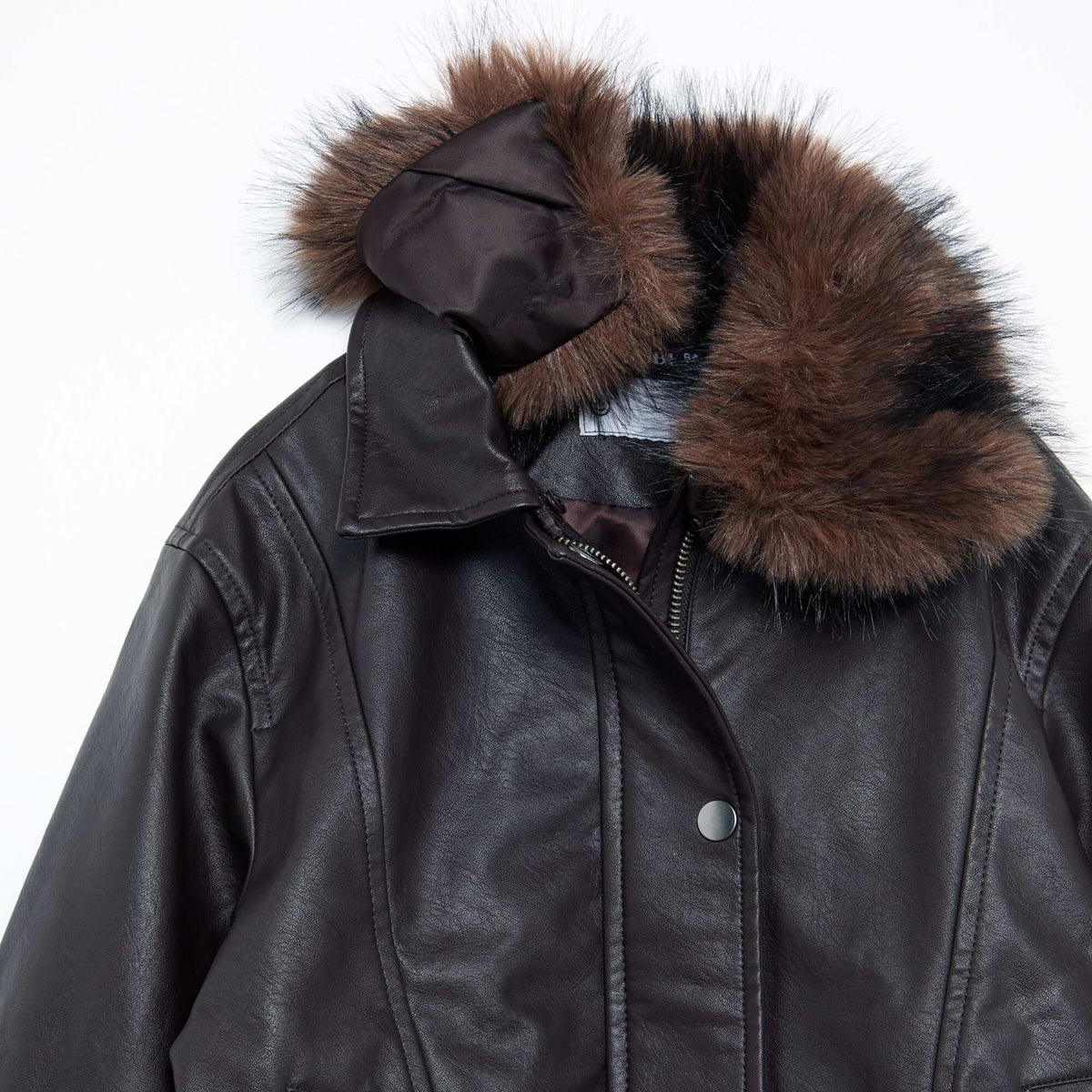 Faux Leather Bomber Jacket with Detachable Faux Fur Collar BROWN
