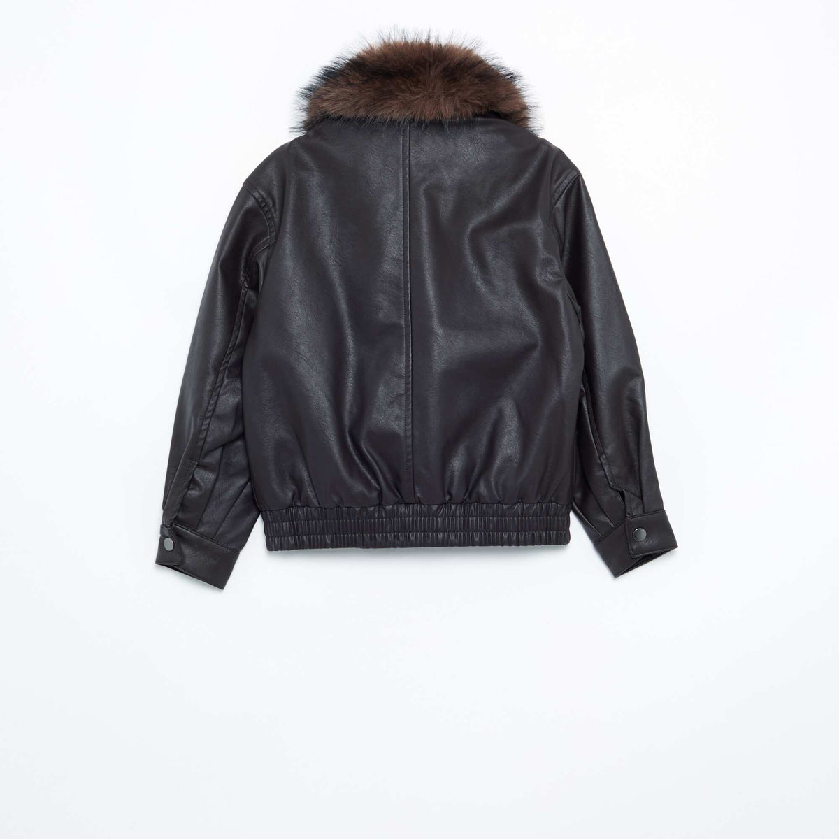Faux Leather Bomber Jacket with Detachable Faux Fur Collar BROWN