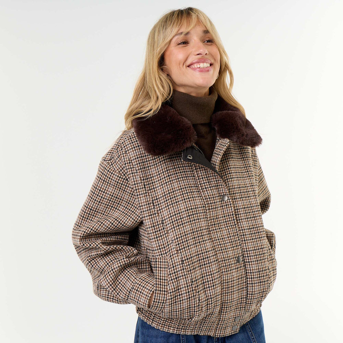 Oversized wool-look jacket with removable faux fur collar BEIGE