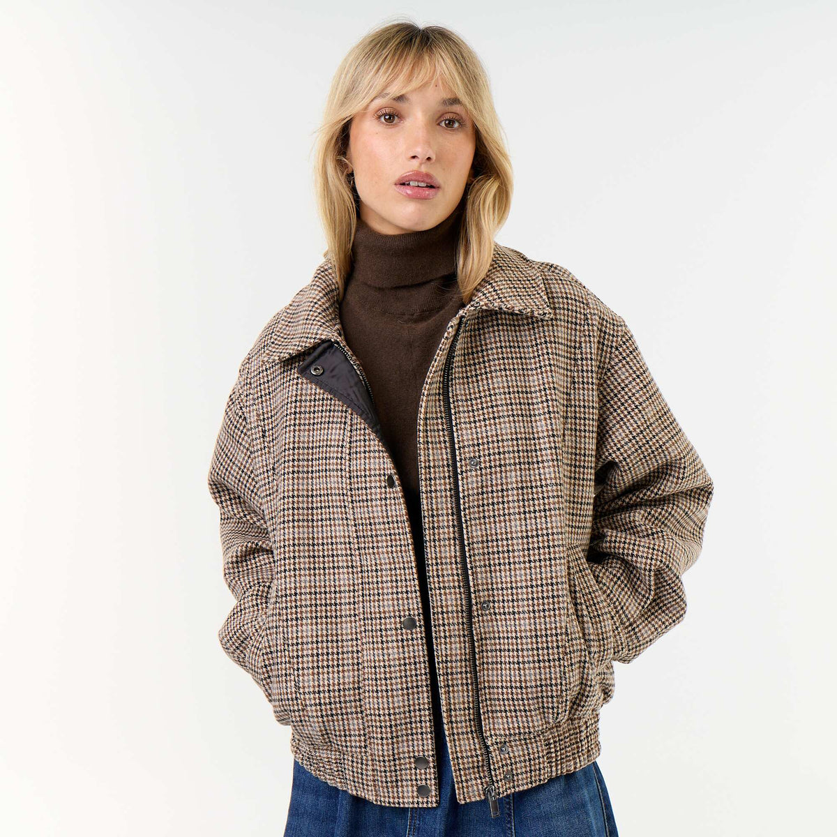 Oversized wool-look jacket with removable faux fur collar BEIGE