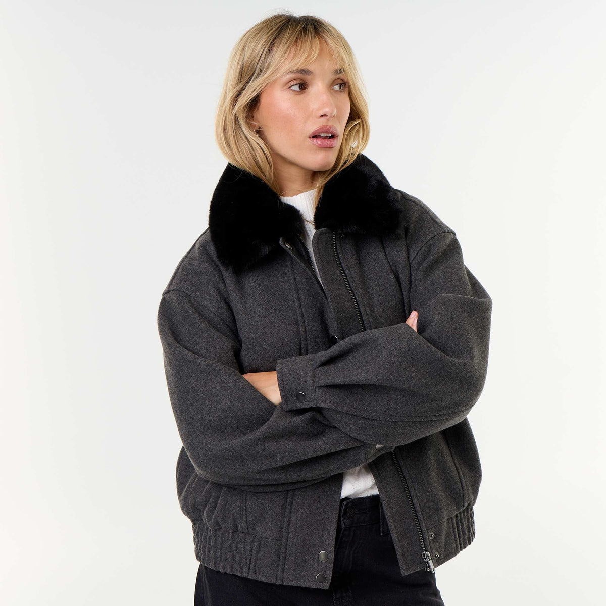 Oversized wool-look jacket with removable faux fur collar GREY