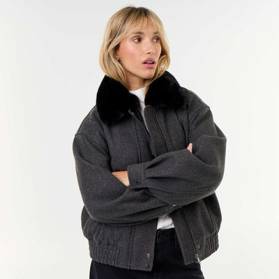 Oversized wool-look jacket with removable faux fur collar GREY