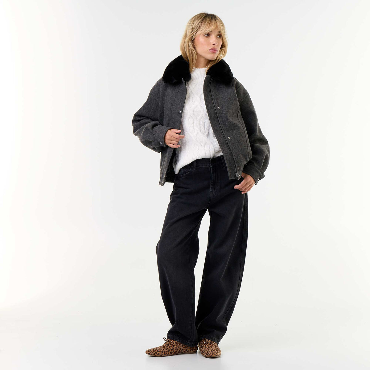 Oversized wool-look jacket with removable faux fur collar GREY