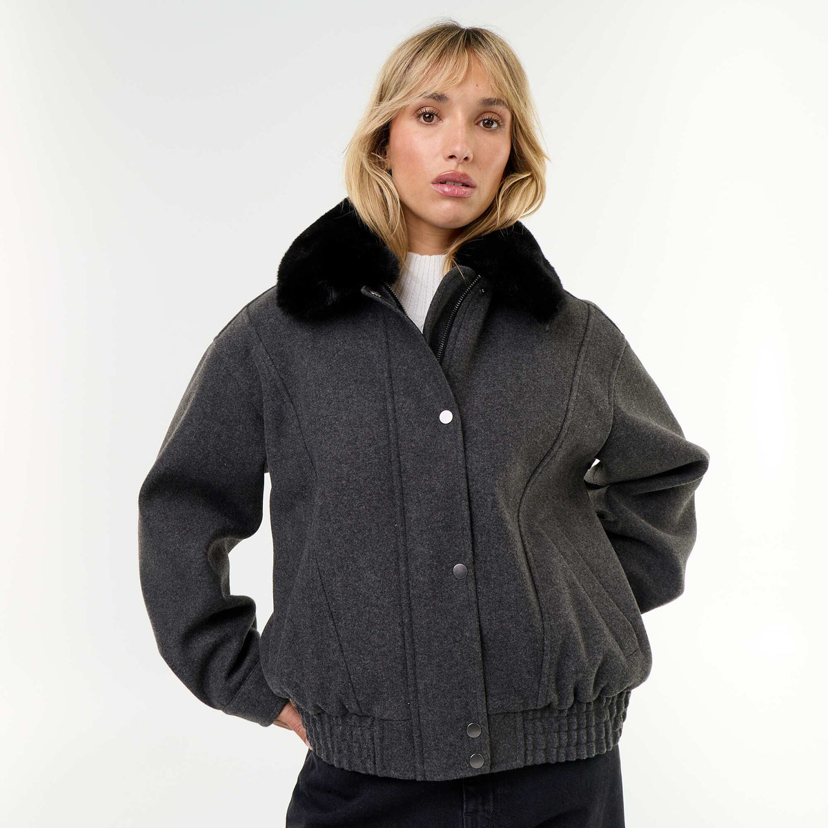 Oversized wool-look jacket with removable faux fur collar GREY