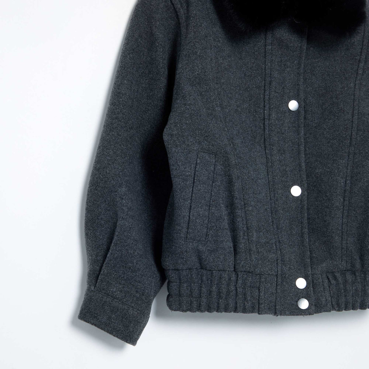 Oversized Faux Wool Jacket with Detachable Fur Collar GREY