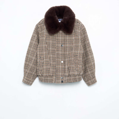 Oversized Faux Wool Bomber Jacket with Removable Fur Collar BEIGE