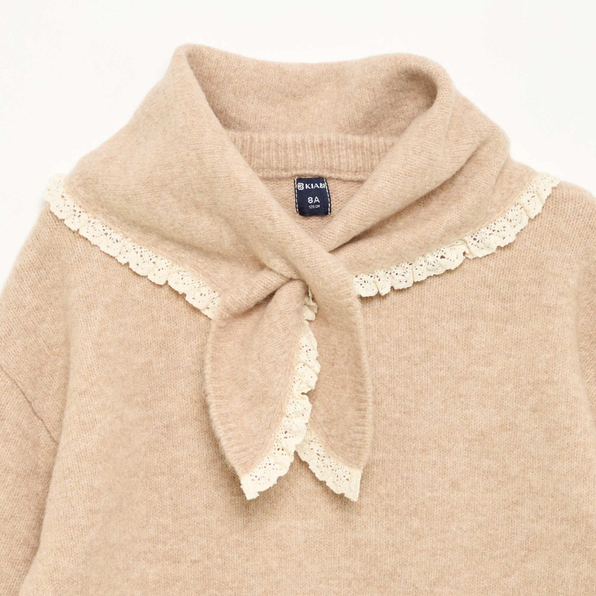 2-Piece Sweater and Scarf Set with Crochet Trim BEIGE
