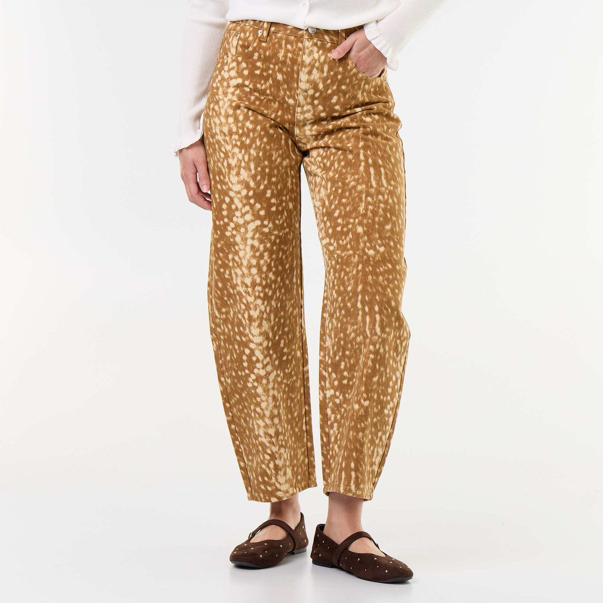 Patterned barrel-leg denim trousers BEIGE