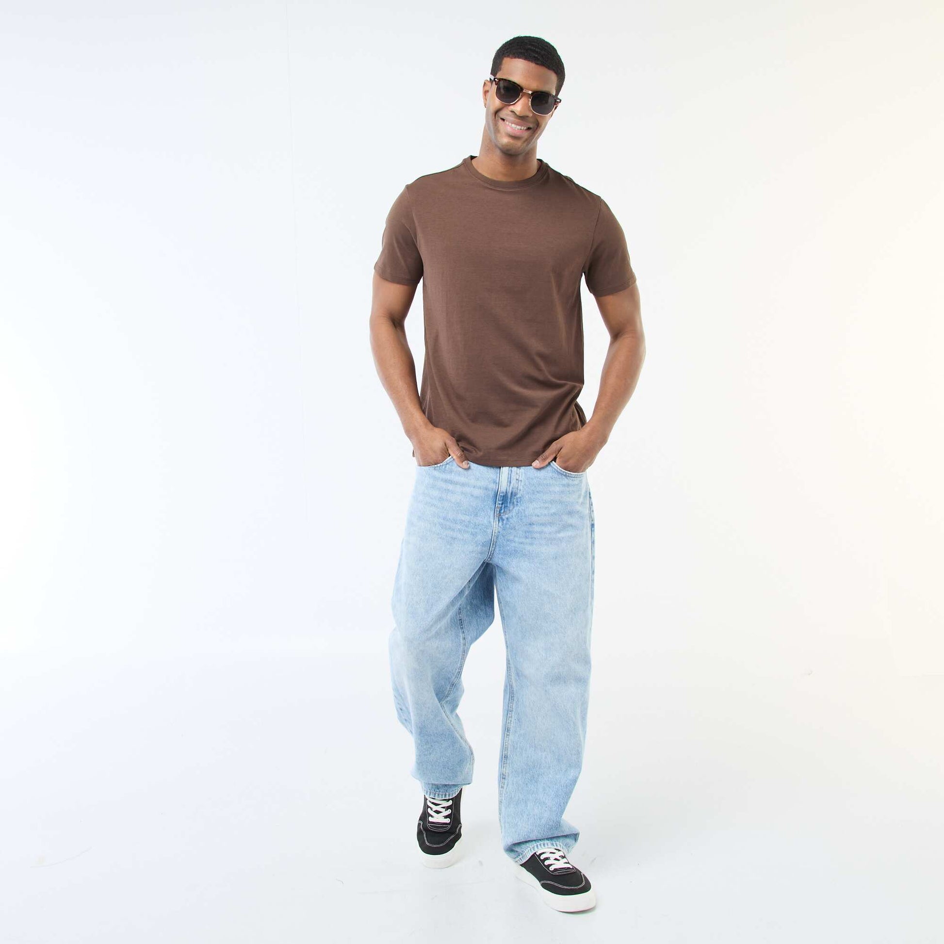 Plain jersey straight T-shirt BROWN