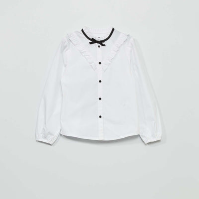 Blouse with ruffled panel and velvet bow White