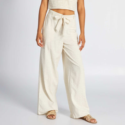 Dotted Swiss-style wide-leg linen trousers BEIGE