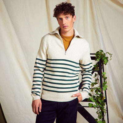 Striped sweater with zipped high neck VL_BEIGE