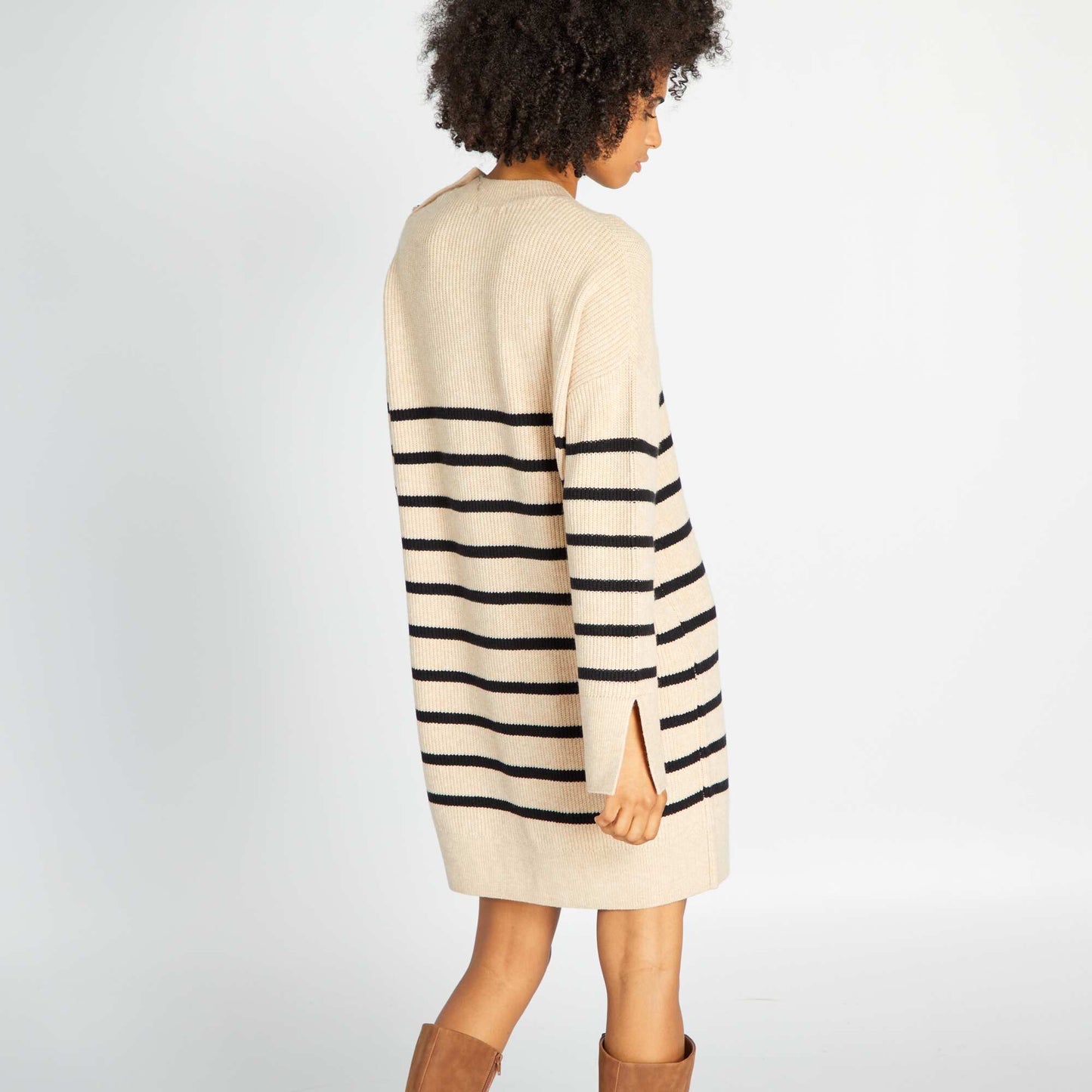 Striped long-sleeved jumper dress BEIGRAYBLA