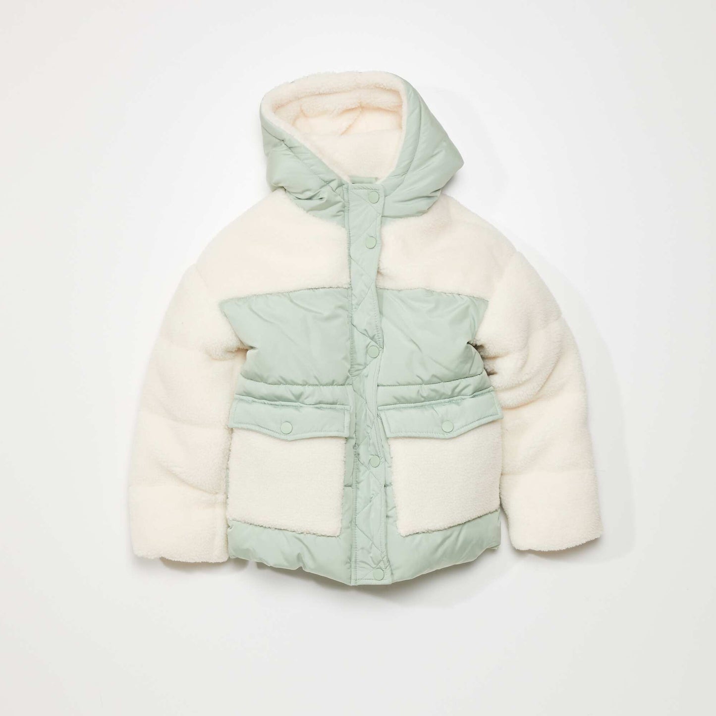 Mixed-material padded jacket with hood GREEN