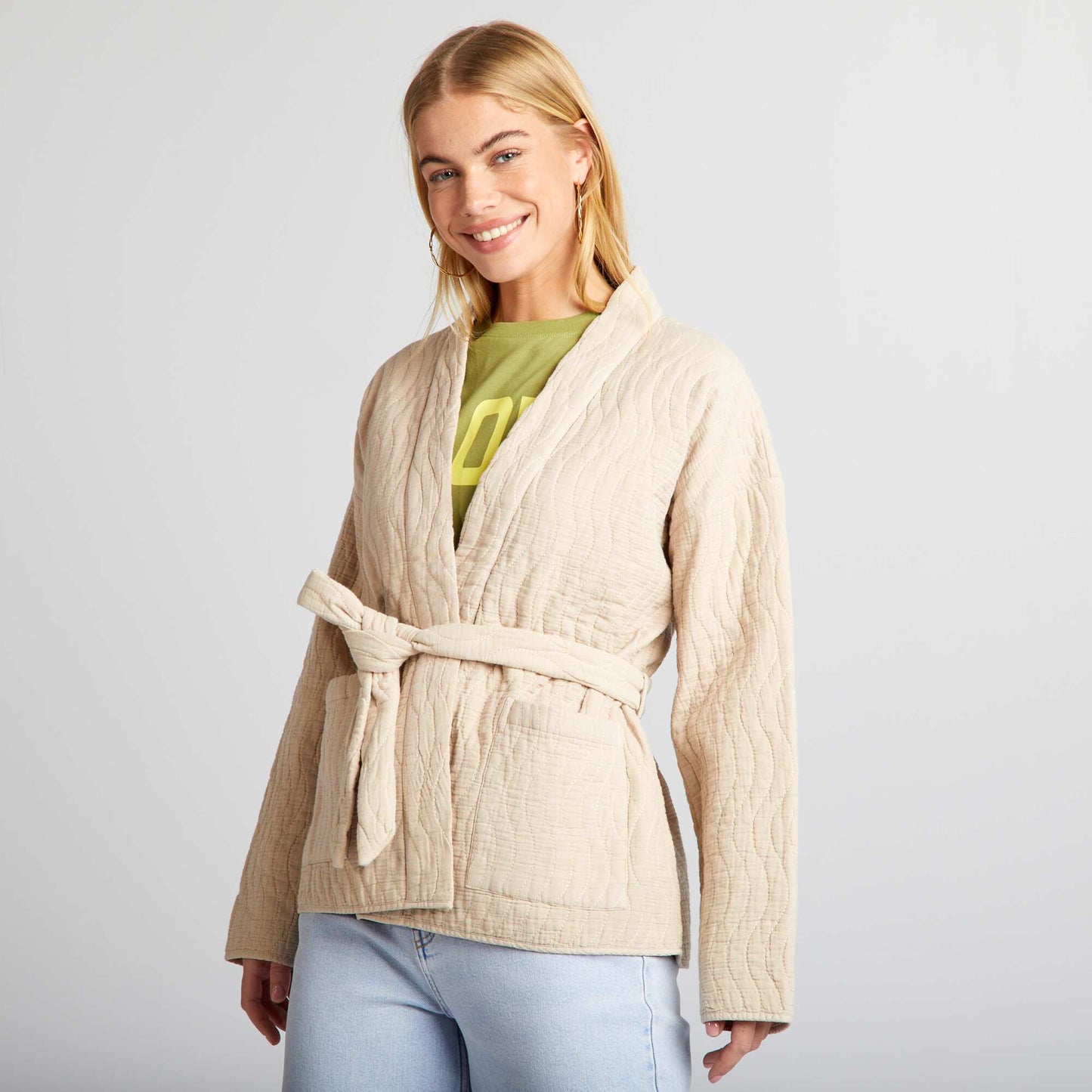 Quilted kimono jacket with belt BEIGE