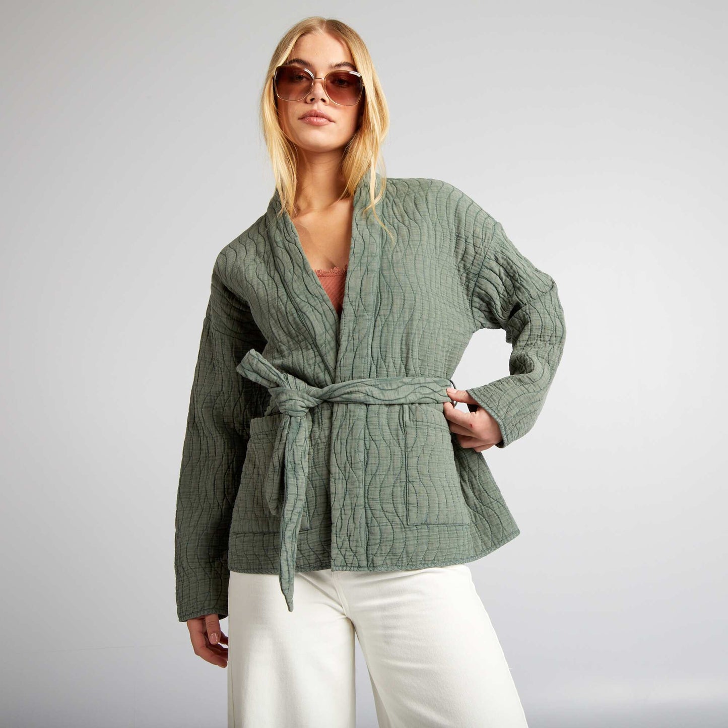 Quilted kimono jacket with belt GREEN