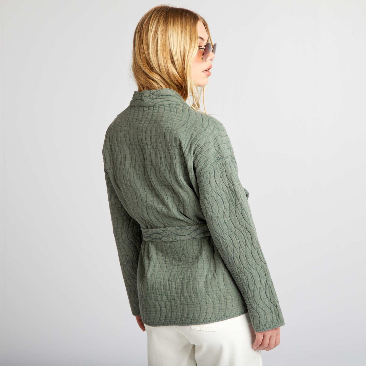 Quilted kimono jacket with belt GREEN